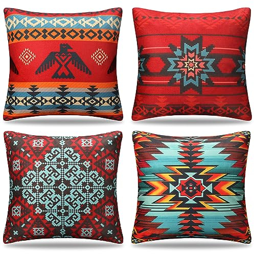 Dekorative Kissenbezüge 40 x 40 cm Rote Ethno Leinen Kissenbezug Boho Sofakissen Kissenhülle 4er Set Modern Dekokissen Zierkissenbezüge für Sofa Schlafzimmer Wohnzimmer Outdoor Weihnachten