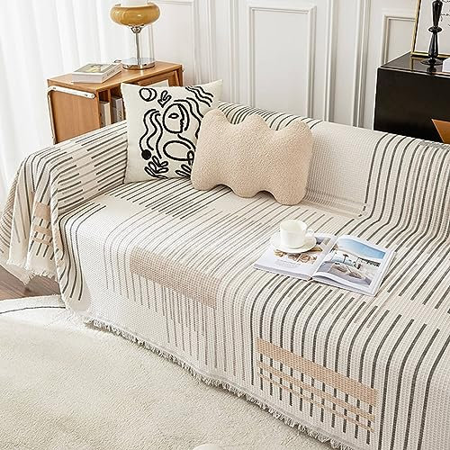 Sofa Überzug 180x300cm, Streifen Linien Muster mit Quasten Couchbezug 3 Sitzer Couch Überzug Antirutsch Grau Couchbezug für Wohnlandschaft
