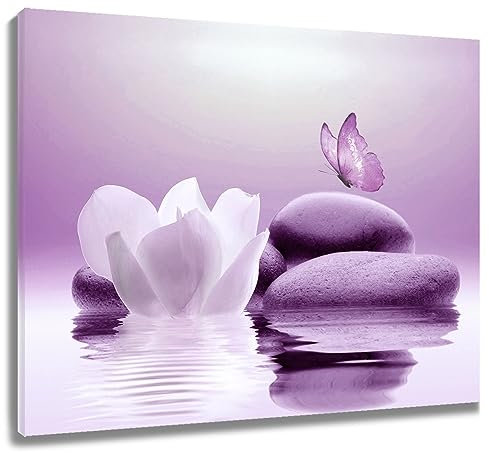 LB Wandbilder Wohnzimmer Zen Stein Kunstdruck Weiß Blume mit lila Schmetterling Leinwand Bilder für Chlafzimmer Küche Badezimmer Wand Deko, 30x40 cm mit Rahmen