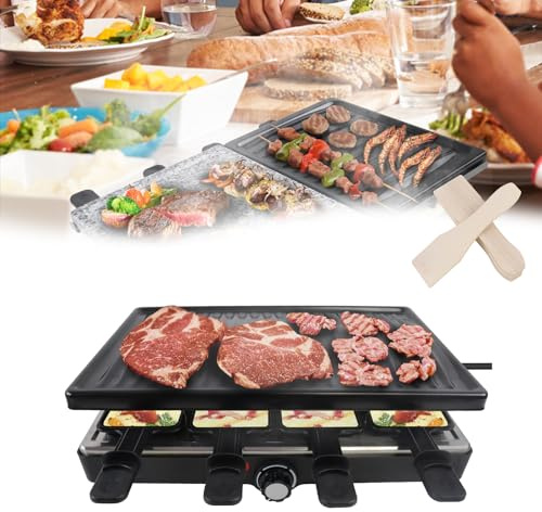 HENGMEI Raclette Grill, Tischgrill Elektrisch, Edelstahl Elektrogrill mit Pfännchen, Antihaftbeschichteter Grillplatte und Naturgrillstein für 8 Personen, max. 1400 W, Schwarz