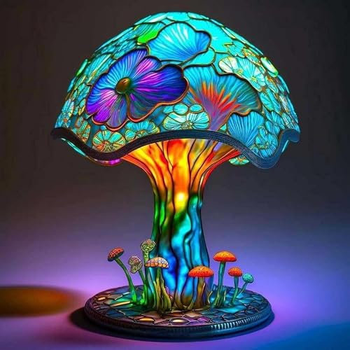 Yckeogln Retro Painting Mushroom Table Lamp, Bohemian Resin Mushroom Decorative Bedside Lamp,Stained Glass Plant Series Night Light for Bedroom Living Room Home Office Decor Gift (Small-15CM)