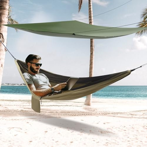 Hängematte Outdoor, Camping Hängematte mit Moskitonetz Zelt und Regen Fliege Plane Hängezelt für Backpacking, Wandern, Camping und Reisen (Armeegrün)