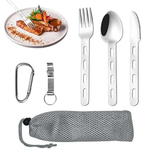 Cutlery Set, KITERI 3 Pcs Stainless Steel Flatware Set Travel Cutlery Set Portable Tableware Utility Camping Utensil Set for 1 with Spoon, Fork, Knife, Bottle Opener, Carry Bag for Outdoor and Travel