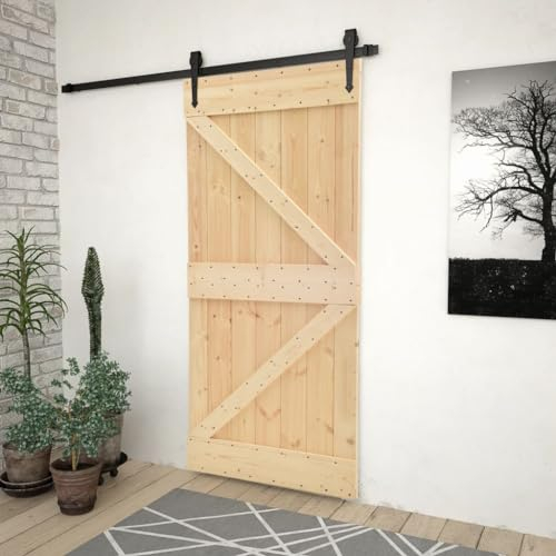 Baziroo Scheunentür Braun 90x210x3,6 cm Massives Kiefernholz Wood Door Scheunentor Holztüren Zimmertür Wohnzimmertuer Schiebetüren Innen Slide Door Schwebetüren Schiebetor
