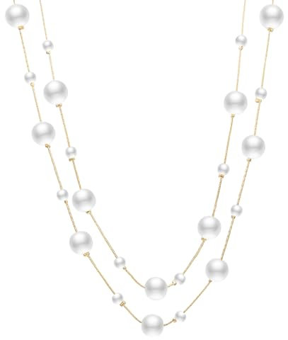 Aleasha Faux Pearl Long Necklace Multi Strand for Women White Pearl Gold Chain Layered Necklace Trendy Costume Jewelry Gifts