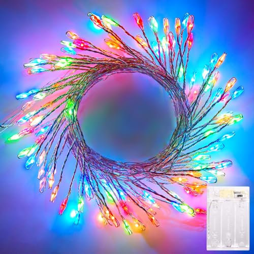 Battery Operated Fairy Lights, 10Feet 120LEDs Firecracker String Lights Waterproof Silver Wire Starry Firefly Lights for DIY Wreath Home Weeding Indoor Outdoor Christmas Decorations, Multicolor