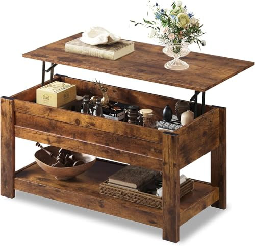 WLIVE Lift Top Coffee Table, 98CM Lift Up Coffee Table with Hidden Compartment, Wooden Coffee Table with Storage Shelf for Living Room, Rustic Brown