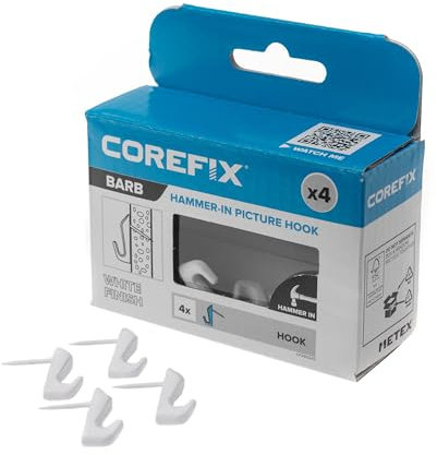 Corefix Barb Wall Hook 4 Pack Universal Hammer-In Picture Hooks, Wall Hooks for Hanging Frames, Mirrors or Canvas into Plasterboard or Wood. Removable and Reusable Hook With Neat Modern Finish (White)
