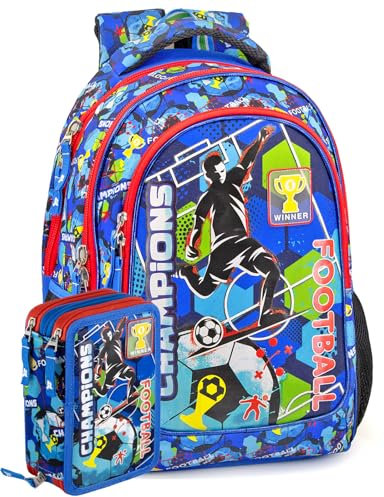 Clondo Schoolpack Schulrucksack mit Federmäppchen mit 3 Fächern, gefüllt für Kinder, Jungen und Mädchen, Champions
