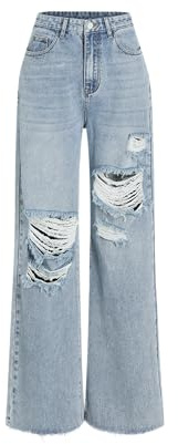 CIDER Women’s Ripped Jeans High Waisted Distressed Baggy Straight Wide Leg Pants: Denim, L