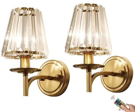Cordless Crystal Wall Light Battery Operated Wall Sconces Set of 2, Rechargeable Wall Sconce Battery Powered Wall Lights, Brass Wireless Wall Lights for Bathroom Vanity Mirror Living Room Hallway Gold