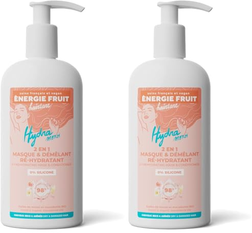 ENERGIE FRUIT | Masque + Après Shampoing | Monoï & Huile de Macadamia BIO | Cheveux Secs Abimés | Vegan | 300ml (Lot de 2)