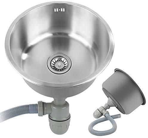 Petit évier de cuisine en acier inoxydable, avec bonde et tuyau flexible (Évier rond)