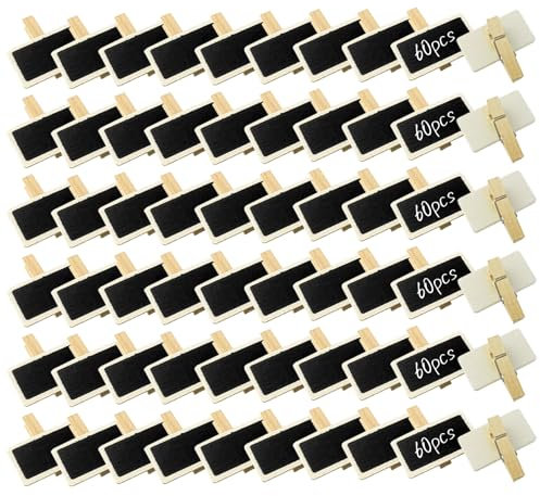 BuxiuGK 60 Pièces Mini Tableau Noir Bois Clip 4 x 2,2cm,Rectangle Mini Tableaux Mémo avec Pince pour Étiquette de Prix, Tableau Mémo Photo, Étiquette Alimentaire, Étiquette de Fête