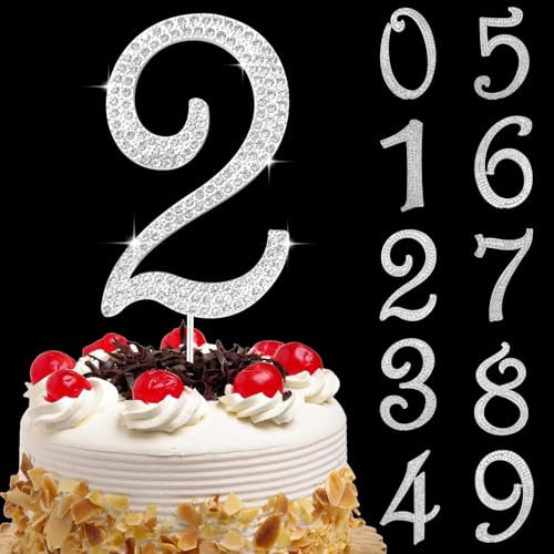 Tortendeko Geburtstag 2 Zahl Strass Glitter Cupcake Topper Zahl, Nummer 2 Cake Topper Zahlen Silber, Kuchendeko Zahl 2 Nummer, Geburtstagstorte Deko, für Geburtstagsfeiern, Babypartys, Hochzeitstag(C)