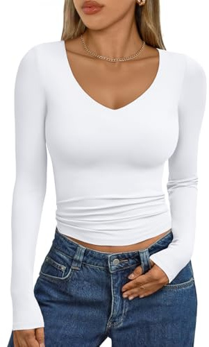 Trendy Queen Womens V Neck Long Sleeve Shirt 2025 Fall Fitted Crop Top Going Out Basic Tee Y2k Clothes, White, L