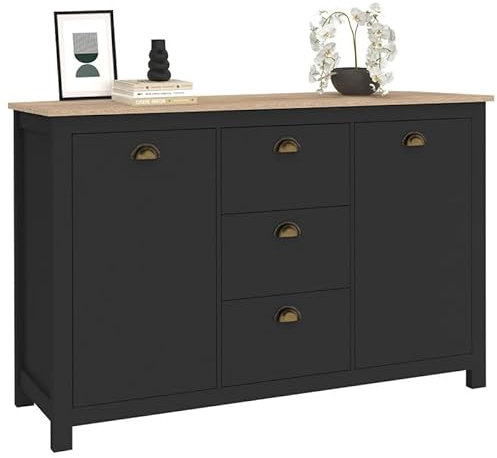IDMarket - Buffet 130 cm ISIS Campagne 2 Portes et 3 tiroirs Bois et Noir