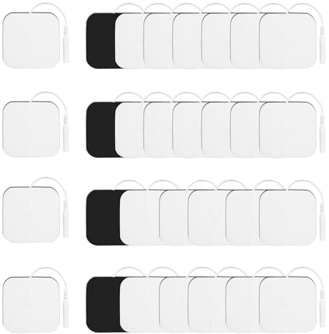 30 Pezzi Elettrodi Adesivi, 5 x 5 cm Elettrodi per Elettrostimolatore | per Alleviare Dolori a Collo Muscoli e Vita, Elettrodi Pads Riutilizzabili con Attacco a Spinotto da 2 mm per TENS EMS
