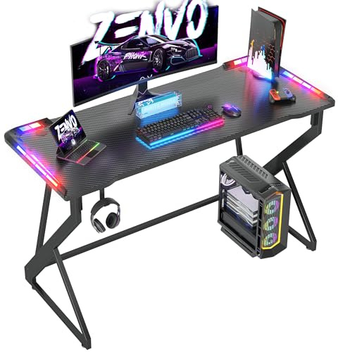BEXEVUE Gaming Desk with LED Armor, 120x50 cm RGB Computer Desk with Carbon Fiber and Z Frame Design Gaming PC Desk with Head Phone Hook for E-sport Gamer Table, Easy Assemble Home Office desk, Black