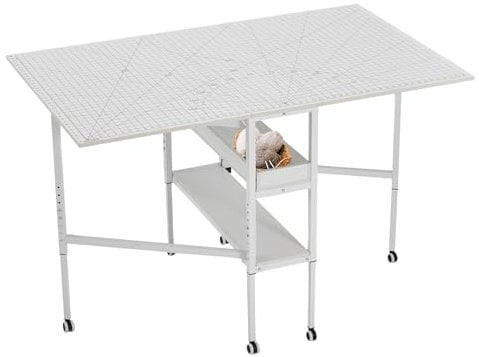 EROMMY Nähtisch Klappbar,Verstellbare Höhe,Mobiler Zuschneidetisch mit Messgitter für große Stoffe,Holz Klapptisch mit Rädern und Stauraum,für Nähzimmer Arbeitszimmer Schlafzimmer zu Hause,Weiß