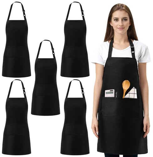 PORFOYO 5 Stück Schürze Schwarz, Schürzen Gastronomie, Kochschürze Herren Damen, Küchenschürze Herren Damen, Grillschürze mit 2 Taschen, für Kochen, Küche, Gartenarbeit, Restaurant, Kaffeehaus