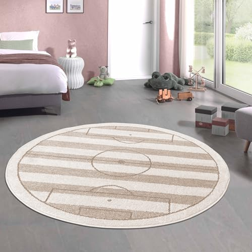 CARPETIA Teppich Babyzimmer Kinderzimmer Spielzimmer Großer Runder Fußball-Teppich Stadion-Optik pflegeleicht weich langlebig schadstofffrei sportlich Creme Beige 200 cm-Rund