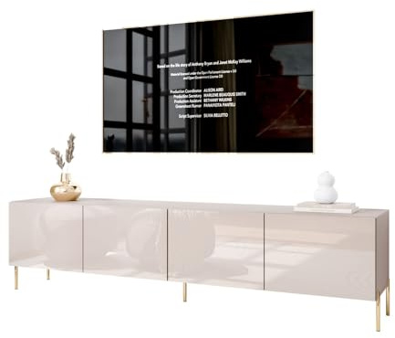 Lookway Moderner wandhängender TV-Schrank in Kaschmir Hochglanz, optional mit LED-Beleuchtung auf geraden Boho-Beinen – COLGANTE 200 cm (ohne LED Beleuchtung, Beine: Gold Chrom)