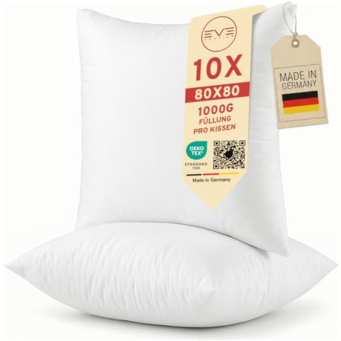 10er Set Kissen 80x80 cm mit Füllung Schlafkissen, Kissenfüllung Füllkissen Polster | Öko-Tex 100 Sofakissen Dekokissen Zierkissen Couchkissen 60° Waschbar | Allergiker | Made in Germany