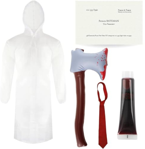 Psycho-Kostüm für Erwachsene, Standard, transparenter Regenmantel, rote Krawatte, aufblasbare Axt, Visitenkarte und Kunstblut – Herren-Psycho Patrick Bateman, amerikanischer TV-Filmcharakter