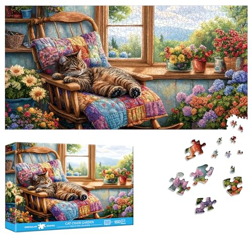 Reofrey Puzzles for Adults 1000 Pieces - CAT CHAIR GARDEN, Special Shape Jigsaw Puzzles, Challenging Impossible Puzzle, Fun Family Game & Unique Home Decor (16x31 Inch / 41x80cm) Idea