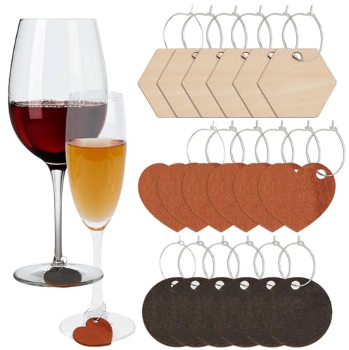 SUNNYCLUE 1 Box 60Pcs Blank Wood Wine Charms Wine Glass Charms 60Pcs Metal Round Rings Wooden Round Heart Name Tags Labels Cup Identifiers for Drinks Wedding Birthday Stem Glasses Tasting Party Women