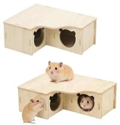 ASOUUNLD Maison en Bois pour Hamster, Cachette pour Hamster Maison pour Cochons d'Inde en Bois avec 3 Chambres pour Hamsters, Gerbilles, Octodons et Souris Épineuses (22.5x17.8x8cm)