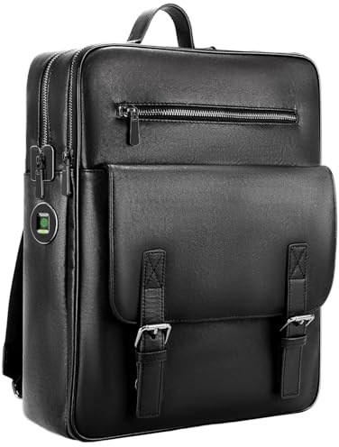 BBMars Anti-Diebstahl-Fingerabdruck-Verriegelungs-Rucksack – schwarzer Leder-Laptop-Rucksack für Herren, wasserabweisend, Business-Reisetasche, passend für 15,6-Zoll-Laptop, intelligenter sicherer