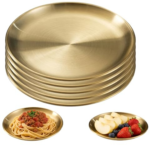 Plato redondo de acero inoxidable de 20 cm, 5 piezas (Dorado, 20 cm) | ligero, estable y sin olor, apto para lavavajillas y apilable, para camping, picnic, desayuno y uso diario