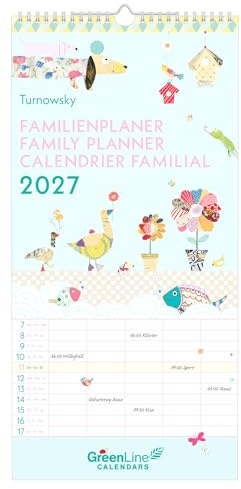 Turnowsky 2027: Wandkalender 22x45 cm mit 5 Spalten, 3-sprachigem Kalendarium, Stundenplänen & Ferienübersicht für Familien