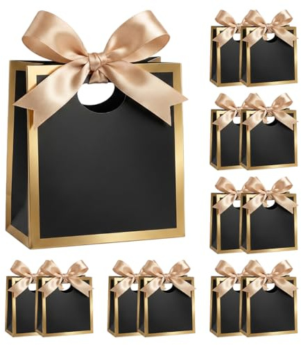 12 Stück Kleine Geschenktüten, 11 x 6 x 12 cm Geschenktüte Hochzeit | Mini Geschenktüten mit Schleife, Geschenktaschen Klein, für Geburtstage, Party, Hochzeit, Taufen und Weihnachten (Schwarz)