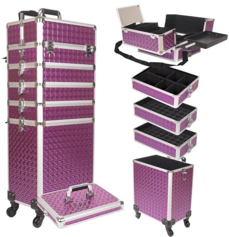 Kosmetikkoffer Trolley, 6-in-1 Schminkkoffer mit Spiegel & Schloss, Großer Kosmetik Reisekoffer Make-up Organizer, 4 Ersatzrollen als Geschenk (Lila)