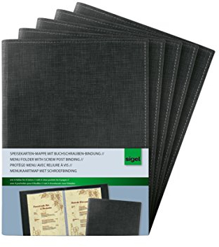 SIGEL SM135/5 Speisekarten-Mappen / Dokumentenmappen mit Buchschrauben-Bindung für A5, 5-er Pack, schwarz mit edler Leinenstruktur, strapazierfähig und leicht abwischbar