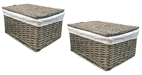 Topfurnishing Oak Lidded Wicker Storage Basket Toy box Empty Xmas Hamper Basket Lining (Set of 2 Extra Large 46x35x24 cm,Oak
