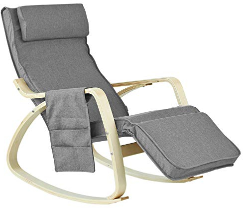 SoBuy FST18-DG Schaukelstuhl mit Tasche 5-Fach verstellbares Fußteil Schwingsessel Relaxsessel Belastbarkeit 150kg Birkenholz dunkelgrau