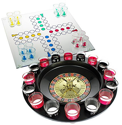 Monsterzeug 2er Geschenkset, Trinkspiel mit Schnapsgläsern Roulette & Saufspiel Nicht ärgern, Drinking Ludo mit 16 Gläsern, Schnaps Roulette, Spieleklassiker als Saufspiele, Party Spiele Erwachsene