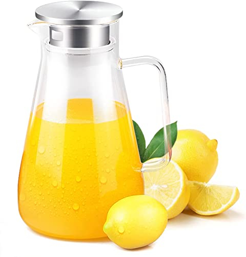 Uten 1.8 Liter 61 Unzen Glas Krug karaffe mit Kristallgriff und Edelstahl Deckel, Glaskrug Transparent für Milch, Rotwein, Kaltes Wasser, Fruchtsaft, Heißen Kaffee, EIS Getränke etc