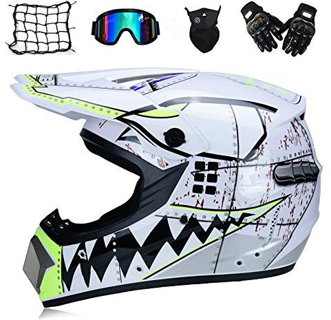 Weißer Hai - Motocross Helm mit Brille Handschuhe Maske Motorrad Netz, Motorrad Crosshelm Kinder Off Road Helm Motorradhelm Schutzhelm Kit für ATV Downhill MTB Sicherheit Schutz,S