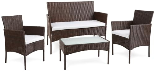 BENEFFITO Tulum - Gartenmöbel 4-Sitzer - 1 Sofa, 2 Sessel, 1 Couchtisch - Wasserabweisende und Abziehbare Kissen mit Reißverschluss - Braun/Beige