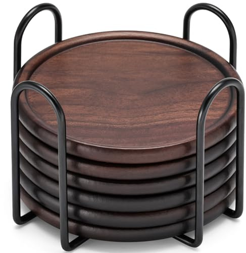 Holz-Untersetzer Set 6 STK mit Metallhalter, 100% Hölzerne für Getränke | 10 cm Walnuss Couchtisch Untersetzer Set Wohndekor für Küche, Bauernhaus, Büro, Wohnzimmer, Einweihungsgeschenk, Rund