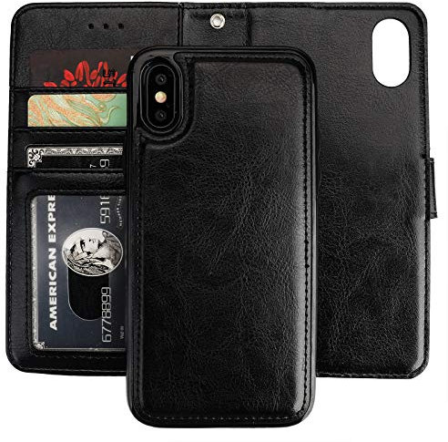 Bocasal iPhone Xs iPhone X Wallet Case with Card Holder PU Leather Magnetic Detachable Kickstand Shockproof Wrist Strap Removable Flip Cover for iPhone Xs/X 5.8 inch (Black)