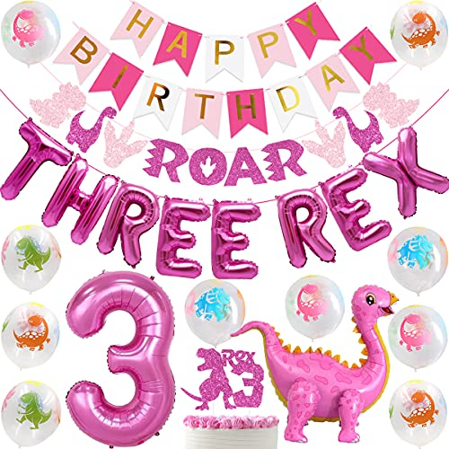 JOYMEMO Dinosaur Party Decorations, Three Rex Banner Cake Topper, ROAR Garland, Dinosaur Standing Balloon for Birthday Party Supplies