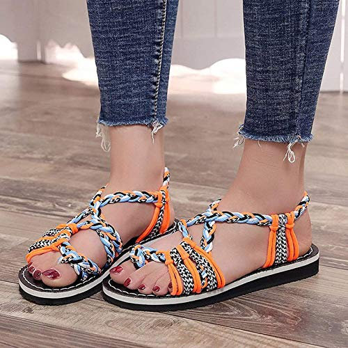 ZLZNX Frauen Hanfseil Flip Flops Sandalen Sommer Strand Schuhe Hausschuhe Knöchelriemchen Kreuzband Geflochtene Sandalen,B,CN35