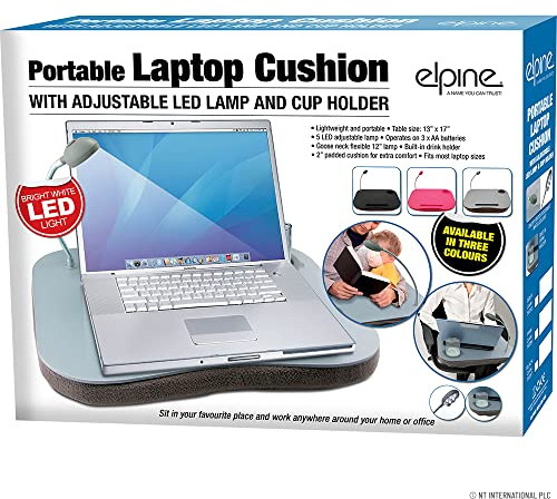 GREY PORTABLE CUSHIONED LAPTOP TRAY ADJUSTABLE LED LAMP LIGHTWEIGHT CUP HOLDER