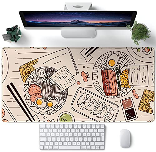 Japanese Ramen Sushi Food Desk Mat Beige XL Mouse Pad Large Full Desk Mousepad Gaming Extended Keyboard Mouse Mat Desk Pad for Computer Laptop 31.5''X15.7'' Non-Slip Rubber Base with Stitched Edges